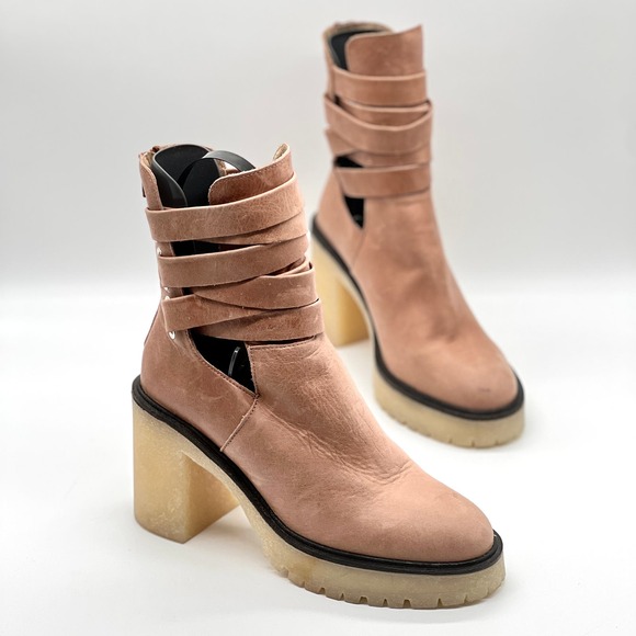 FREE PEOPLE Jesse Cut Out Boot Womens 38.5 8 English Tan Chunky Lug Sole Strappy - Picture 3 of 12